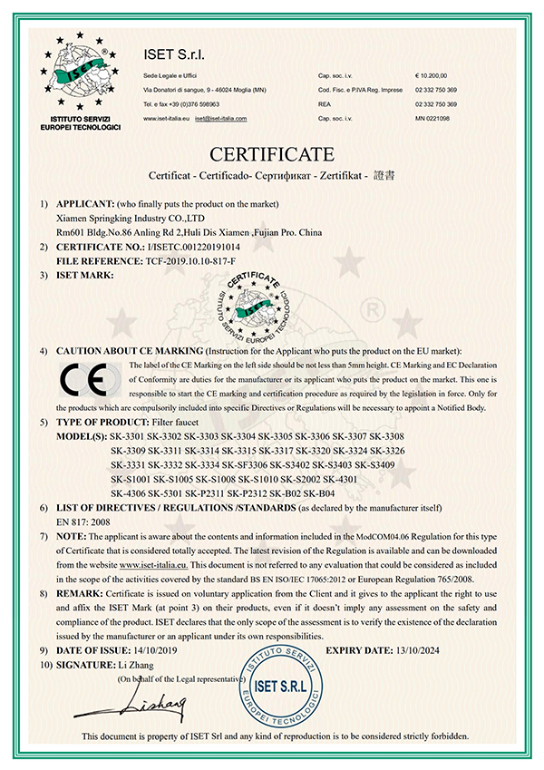 Certificado para torneira de 4 vias